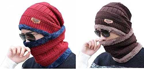 Winter Cap And Neck Elastic Knitting Thick Fleece Warm Woolen Beanie Cap Sport Hat & Neck Scarf Set 2 Piece(random Colors)